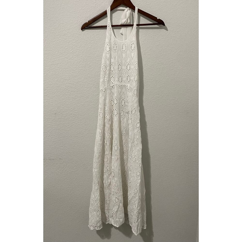 Zara Woman Lace Eyelet Halter Midi Dress White Sheer Boho Small Back Zip - Picture 2 of 8